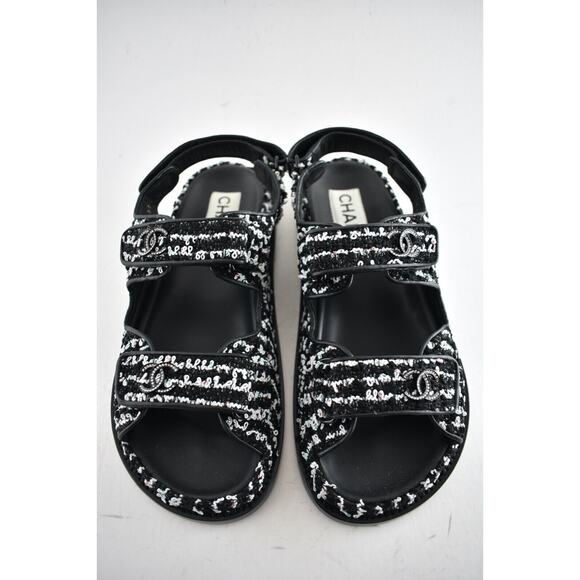 Chanel 22C Black White Tweed CC Logo Mule Slide Strap Flat Dad Teva Sandal 37.5 - Picture 8 of 11